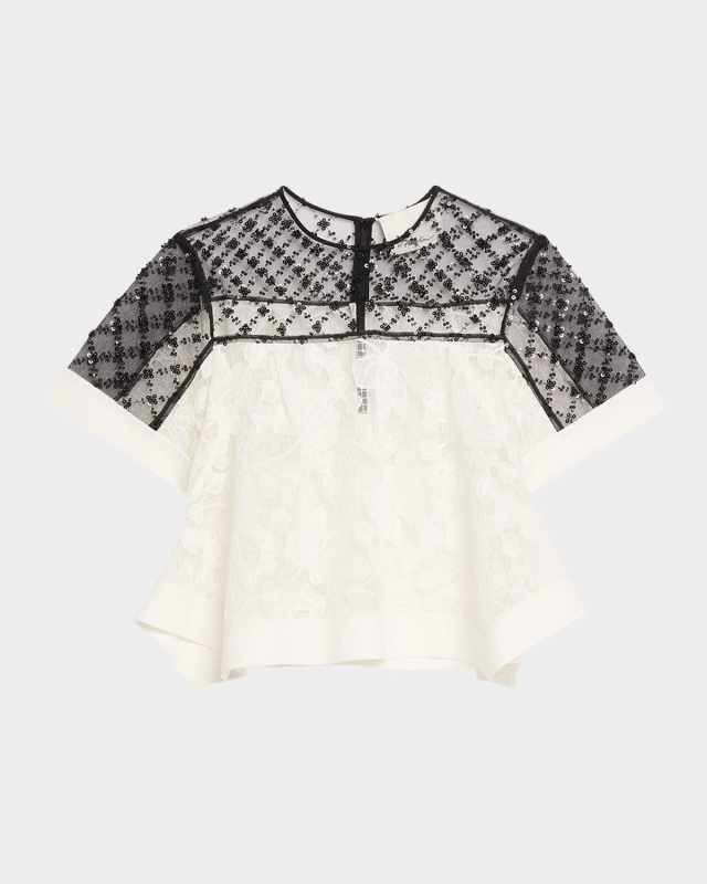 Corded Lace Organza Short-Sleeve Flounce Top